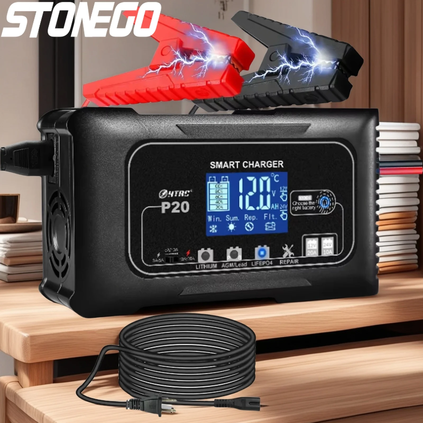 

Зарядное устройство 20А с ЖК-дисплеем для свинцово-кислотных, AGM, гелевых и литиевых аккумуляторов 12В/24В для квадроциклов и мотоциклов, с функцией импульсного восстановления