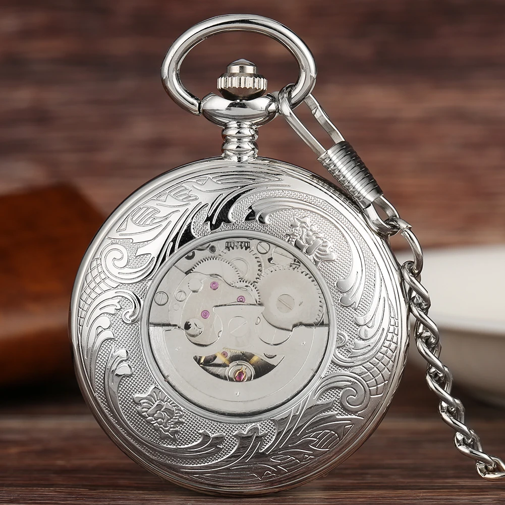 Stylish Blue Dial Transparent Glass Cover Men's Mechanical Self Winding Pocket Watch Elegant Antique Pendant Watches Gift Male