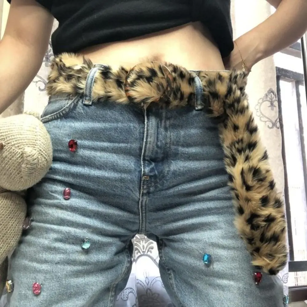 Peludo leopardo impressão cinto de pelúcia fivela de resina y2k borlas de pelúcia cintura jeans decoração steampunk jazz dança trajes acessório
