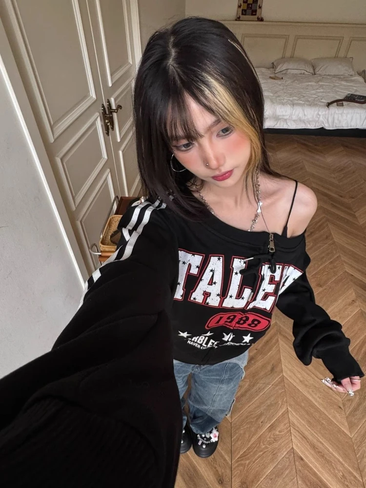 E-girl um ombro y2k recortado zíper cardigan estilo americano vinatge magro topo feminino monograma listrado webbing moletom 2000s