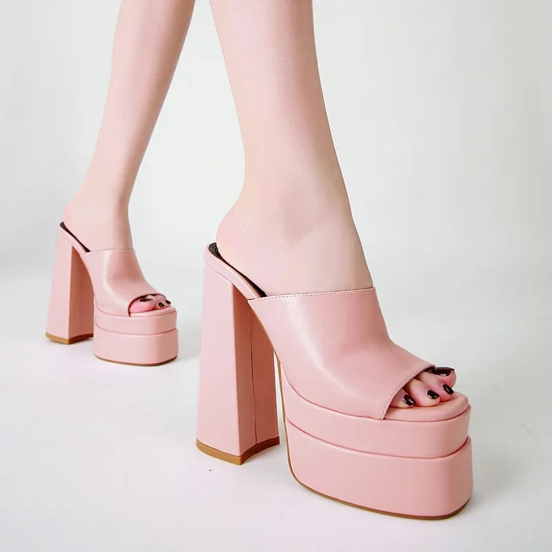 Block heels women's shoes 2026 spring/summer waterproof platform sandals one-line slippers hate sky high sandals women