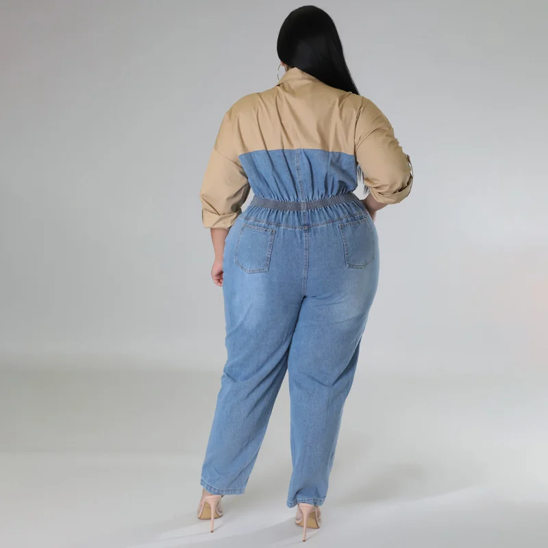 Plus Size Large Women\'s Jumpsuit New Denim Color Contrast Long Sleeve Jumpsuit Loose Fashion Casual Bodysuit Female Clothing