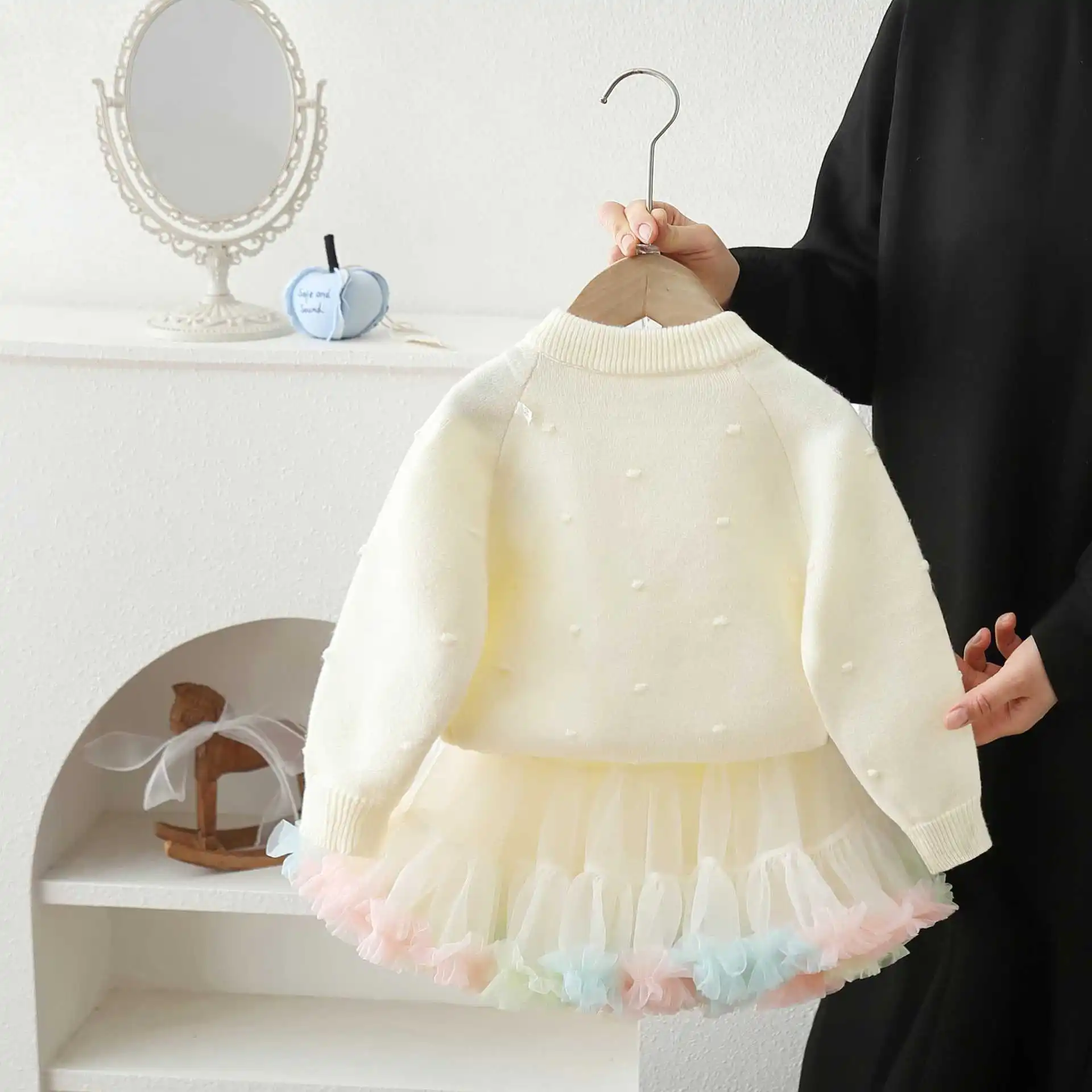 Girls Dress Clothes Sets Spring Autumn Children Woolen Jersey Sweaters Coats Tutu Skirts Princess Suit Baby Knitted Outfits Kids 4
