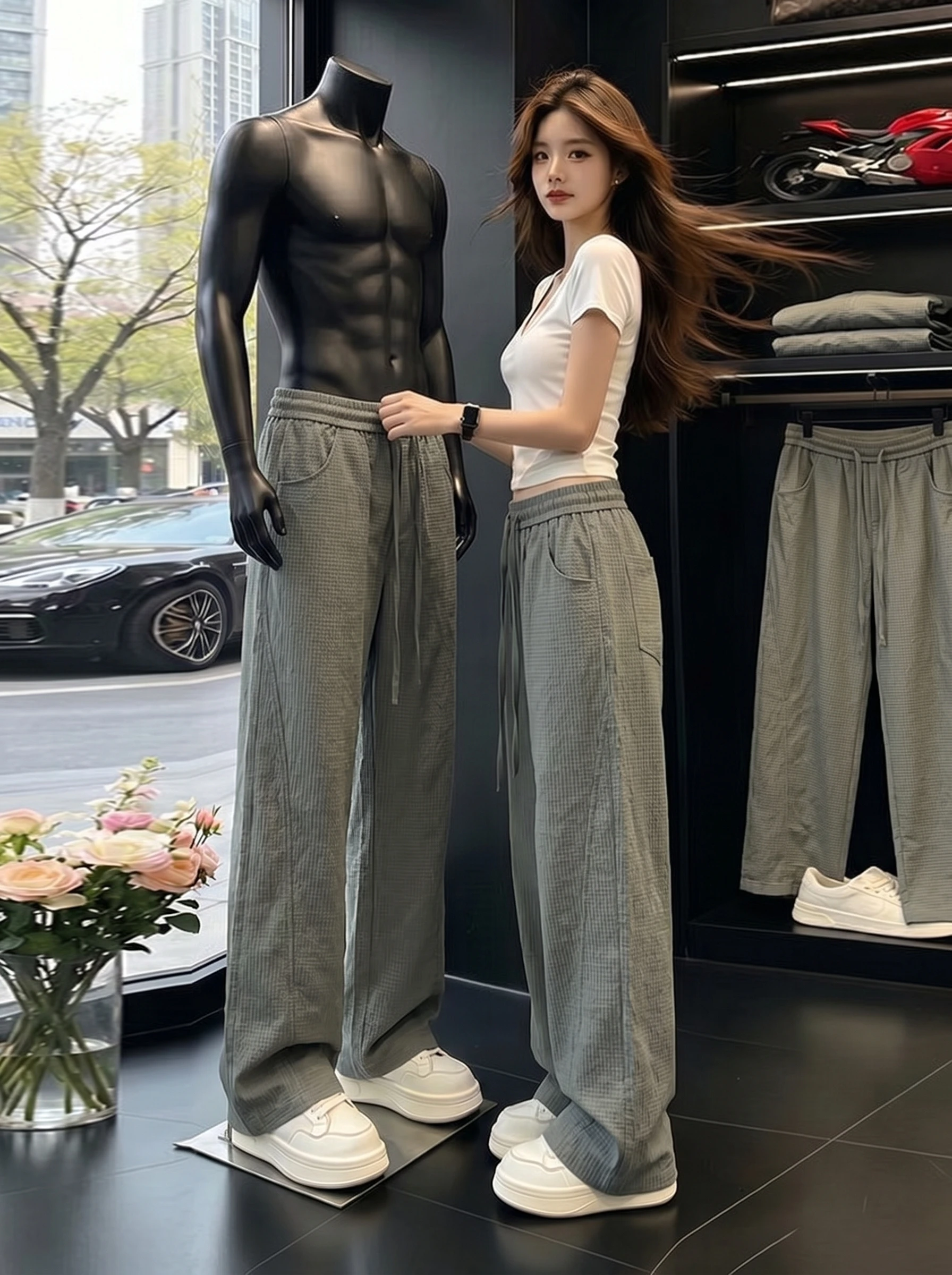 Gray Bubble Cloth Quick Dry Plaid Pants Men Women Lightweight Breathable Casual Wide Leg Pants Summer Season Loose Fit Trousers