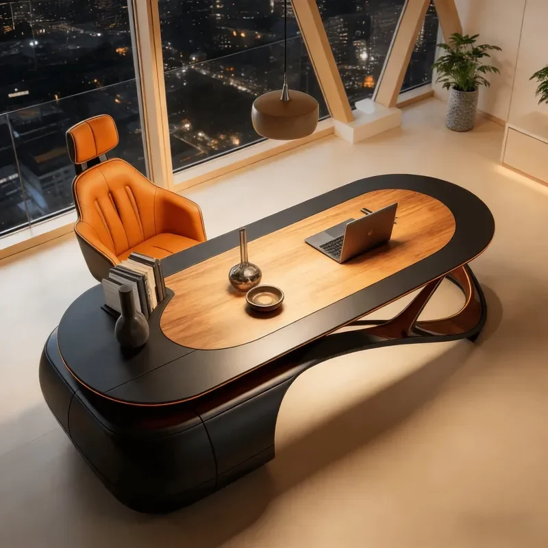 New Chinese Modern Light Luxury Curved Wooden Table Supervisor Desk Tea Table Creative Design