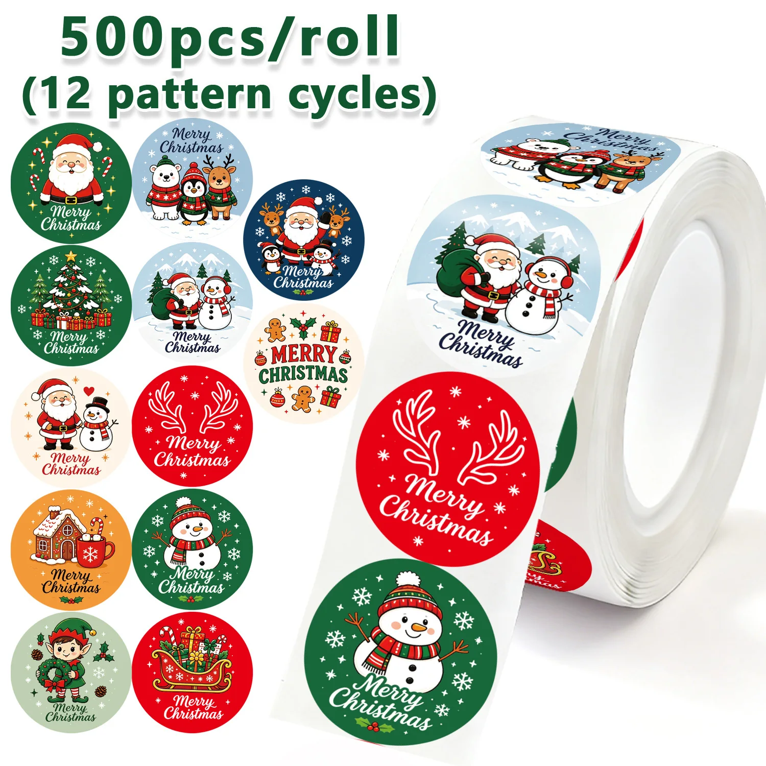 1Inch Round Christmas Stickers Roll 500Pcs Merry Christmas Santa Snowman Gift Sealing Labels Xmas Package Decor Stickers