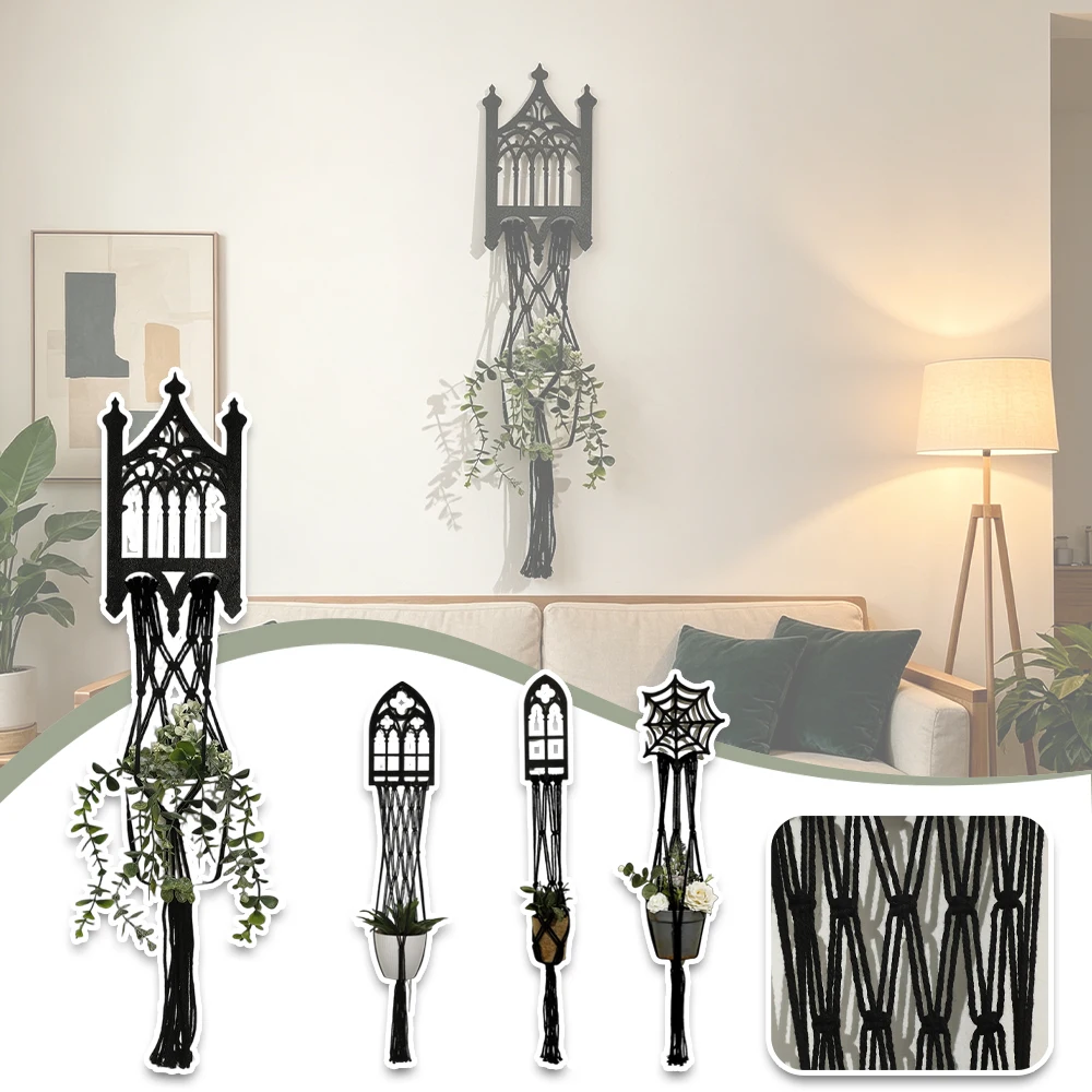 

Vintage Gothic Wall Plant Hanger Aesthetic Macrame Tassel Planter Holder with Wooden Gothic Ornament for Succulents & Greenery