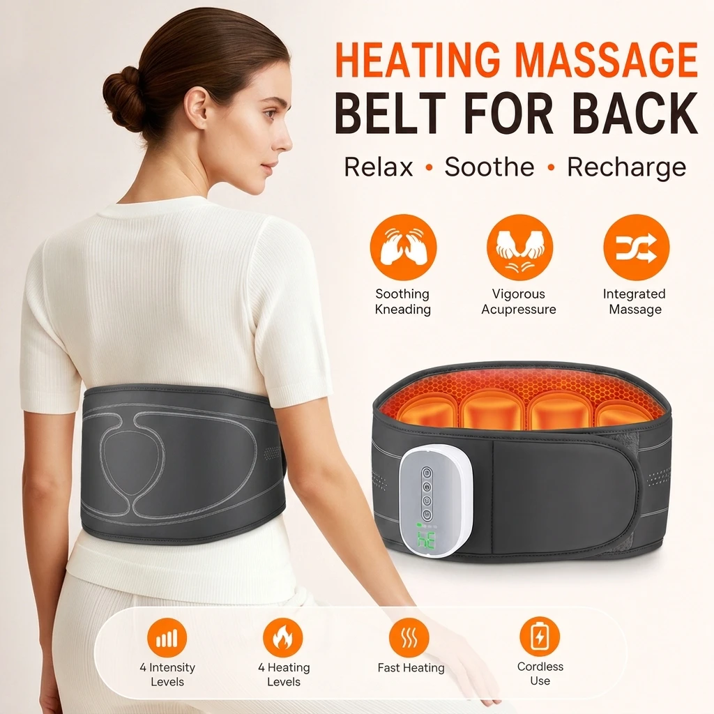 Masseur de Dos sans Fil avec Compression d'Air, 3 Modes de Massage et 4 Niveaux d'Intensite, 4 Niveaux de Chaleur pour Rechauffer la Taille, Rechargeable USB pour Bouger Librement, Ceinture Reglable Grise