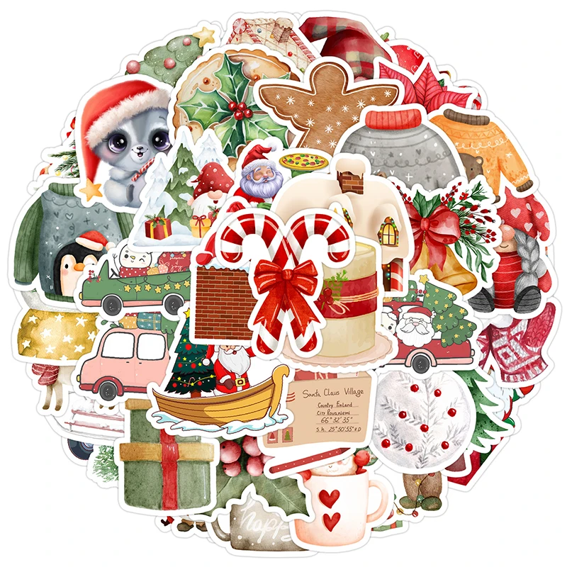 50PCS Christmas Theme Stickers Santa Claus Snowman Sticker Pack for Water Bottles Scrapbooking Snowboard Decorations