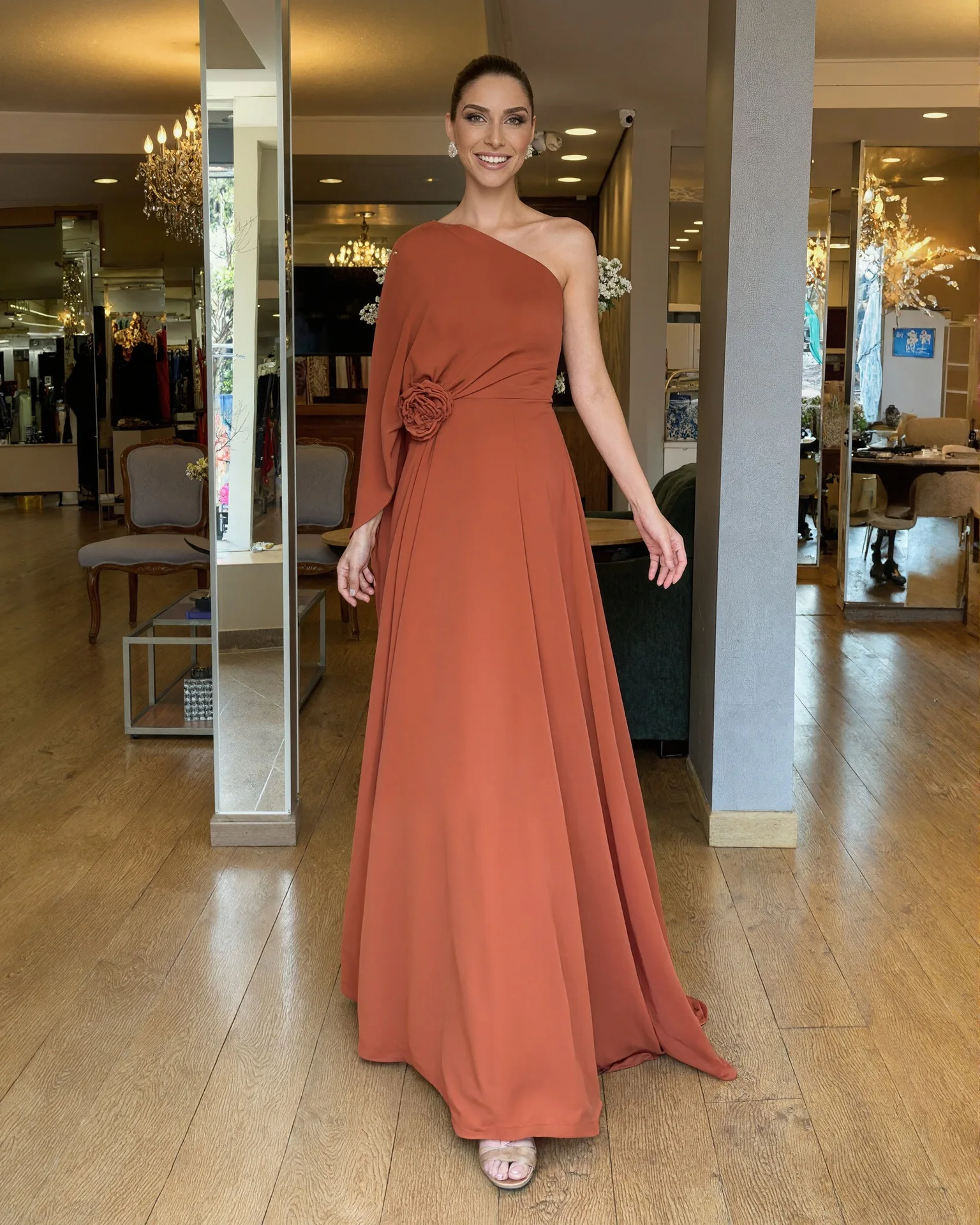 

Fashion Solid Color Evening Dress Women Temperament Elegant 3D Flowers Off Shoulder Chiffon Long Dresses Socialite Party Vestido