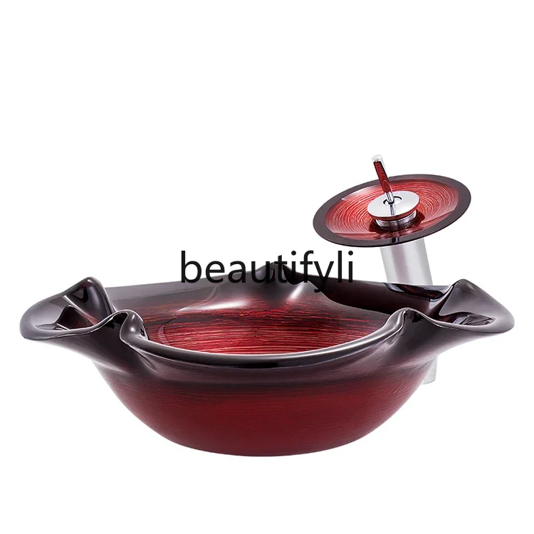 

ss Bathroom modern simple wash basin tempered glass countertop basin creative art big round hat red 03A