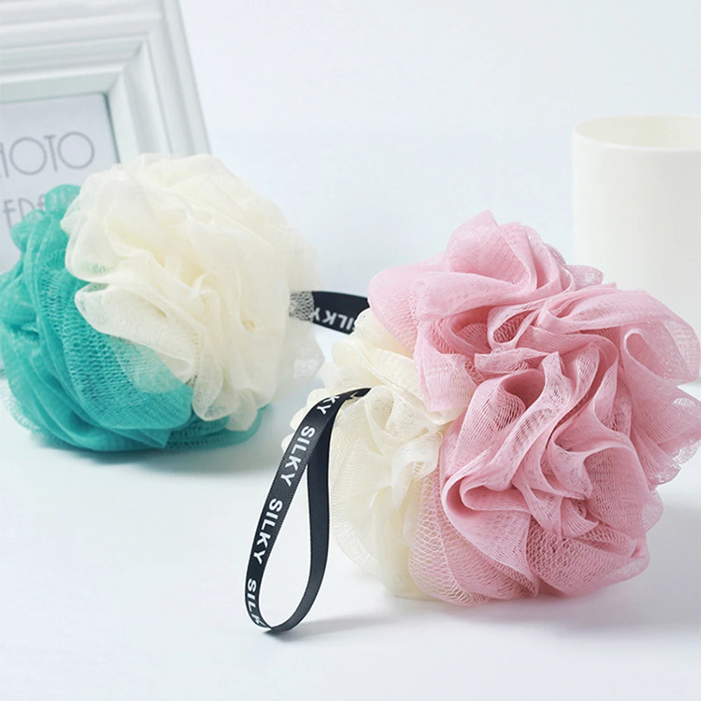 

2pcs Large Bath Ball Double Color Mesh Sponge Shower Ball 60G Soft Skin Scrubber With Rope White Pink Green