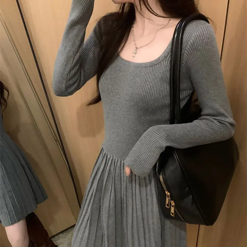 

Female Clothing Solid Color Dresses Knitted Slim Autumn Winter Casual Fashion Pleated Spliced Basic Aura A-Line Waist Midi Dress