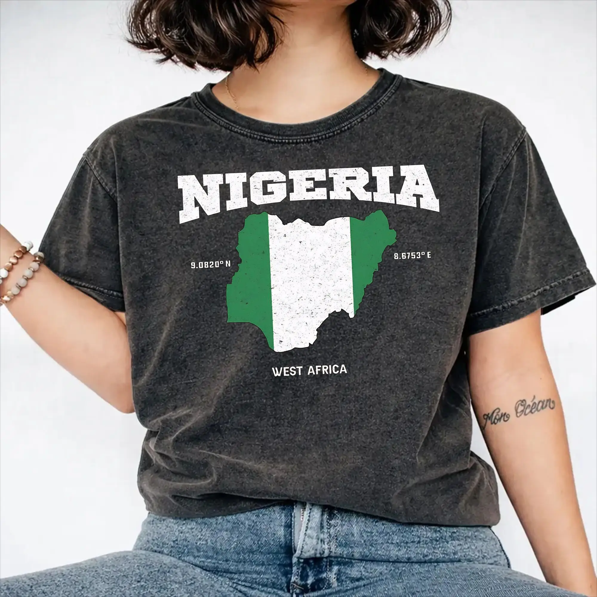 Nigeria flag and map T Shirt Hip Hop Washed Short Sleeve Oversize T-Shirt  Vintage Men Women Streetwear Summer Tee Shirt