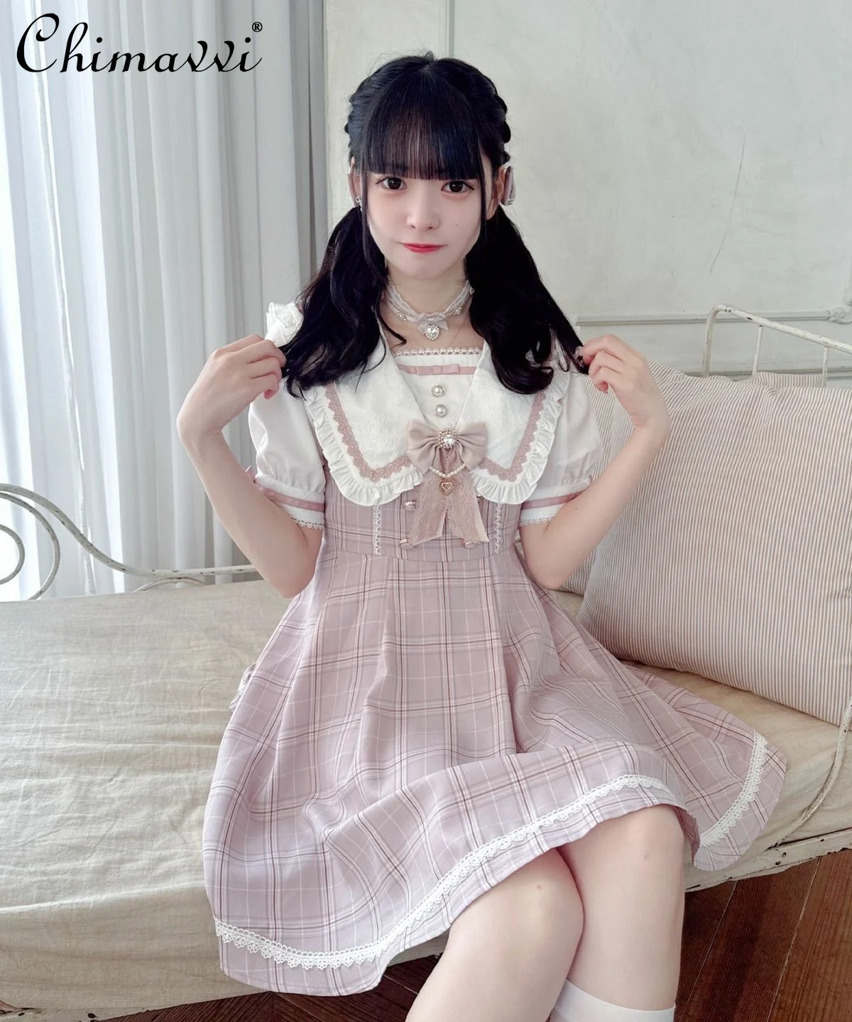 Lolita Dresses Women 2024 New Japanese Mine Style Sailor Dress Slim-fit Short Sleeve Sweet and Cute Girl Kawaii Short Dress