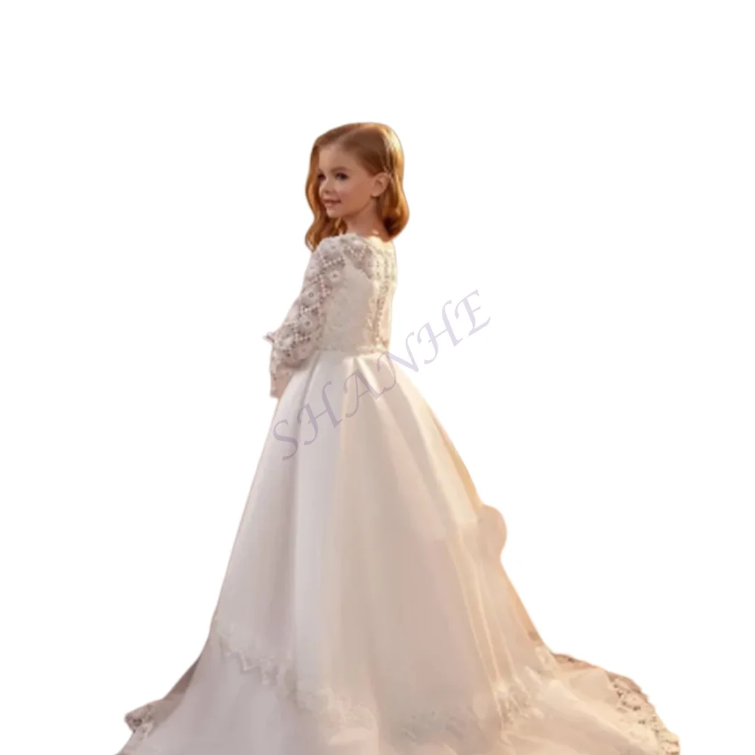 

CustomizedElegant Satin Flower Girl Dress For Wedding Lace Beaded Applique Full Sleeve Child First Princess Eucharist Birthday P