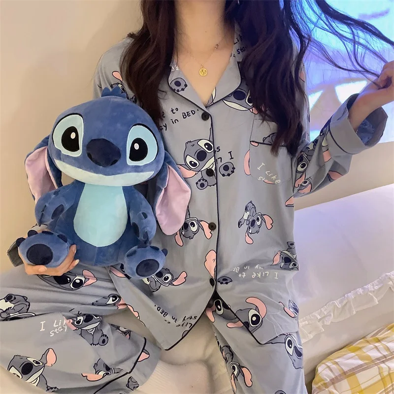 New Disney Stitch Pajamas Set Kawaii Lilo and Stitch Outerwear Home Clothes Set Student Fashion Casual Pajamas Two-piece Set