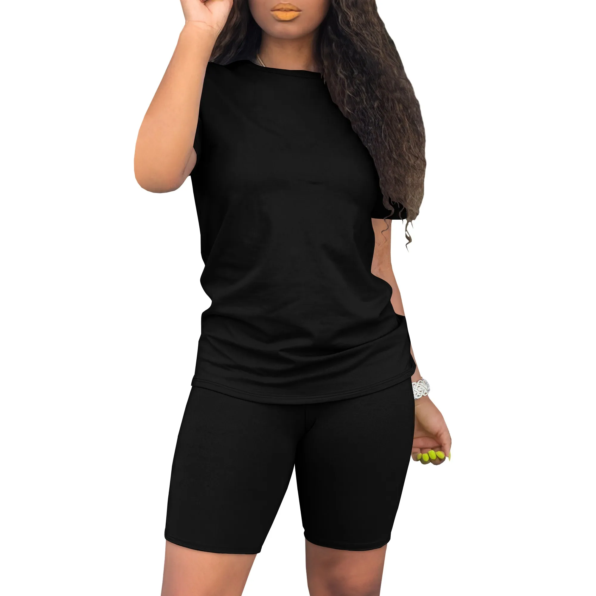 

Biker Short Sets Women 2 Piece Outfits Summer Short Sleeve Jogger Tracksuit