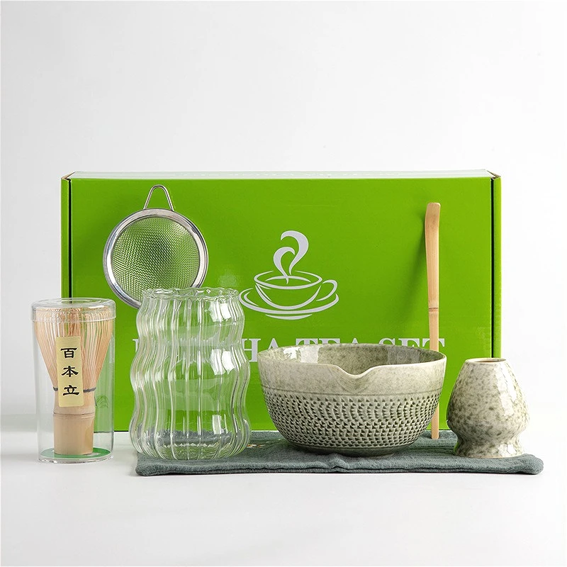 Matcha Set 7PCS Matcha Kit with Ceramic Chawan 100-Prong Matcha Whisk Tea Scoop Stand Japanese Tea Ceremony Tools