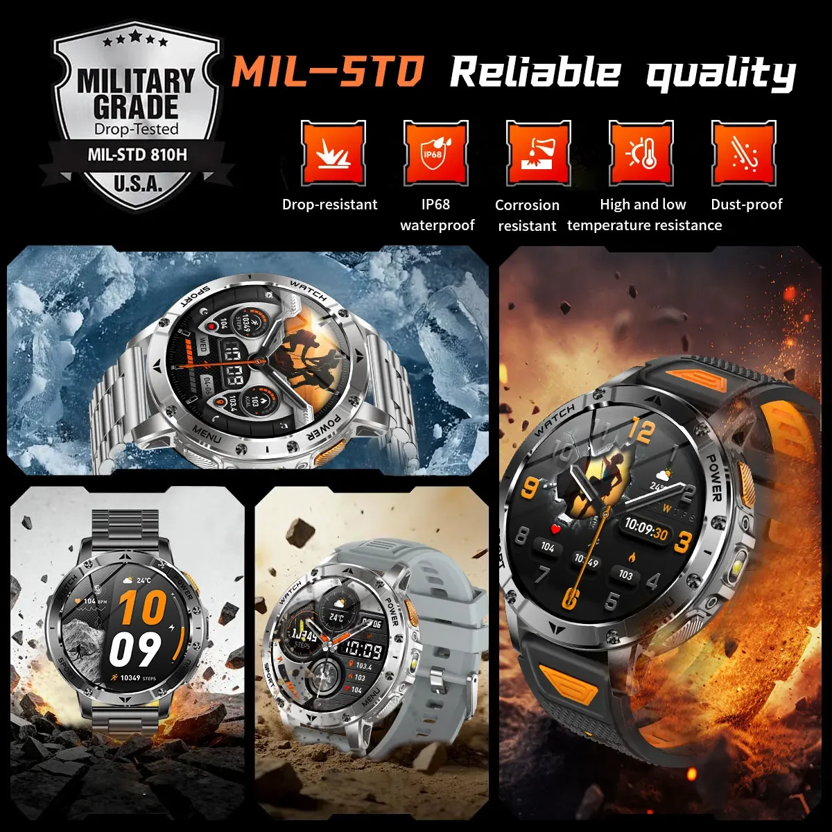 2026 Neue TANK Militär Outdoor Smartwatch für Herren 10ATM Wasserdicht Herzfrequenzmessung LED-Taschenlampe Bluetooth-Anruf Uhr Sportarmband – Detail 4