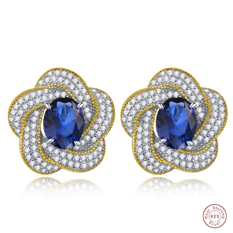 Luxury 100% 925 Sterling Silver Oval Blue Sapphire Flower Ear Stud Earrings Fine Jewelry For Women Anniversary Gift