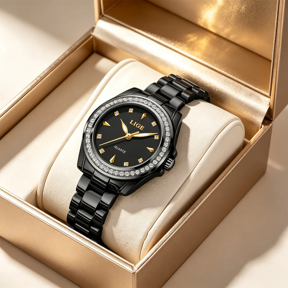 LIGE Elegant Women's Watches Ceramic Diamond Quartz Watch Fashion Waterproof Luminous Clock Ladies Wristwatch Montre Femme+BOX