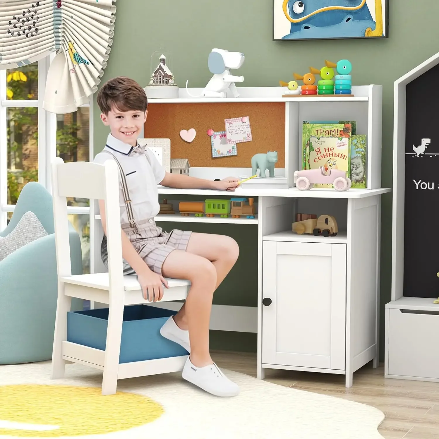 

Kids Table and Chair Set Wooden Study Craft Table and Chairs with Storage and Shelf for Boys and Girls Bedroom