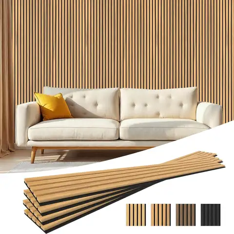 4-Piece Acoustic Wood Wall Panels for Wall and Ceiling, 3D Fluted Soundproof Slat Decor in Warm Teak
