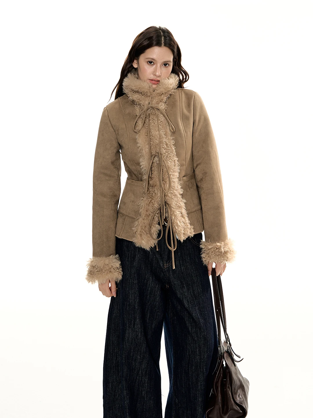 เสื้อแจ็คเก็ตหนังและขนสัตว์แบบผูกเชือก ดีไซน์ดั้งเดิมจาก RedBling ทรงเข้ารูปสำหรับผู้หญิง สวมใส่สบาย ผลิตจากโพลีเอสเตอร์และสแปนเด็กซ์