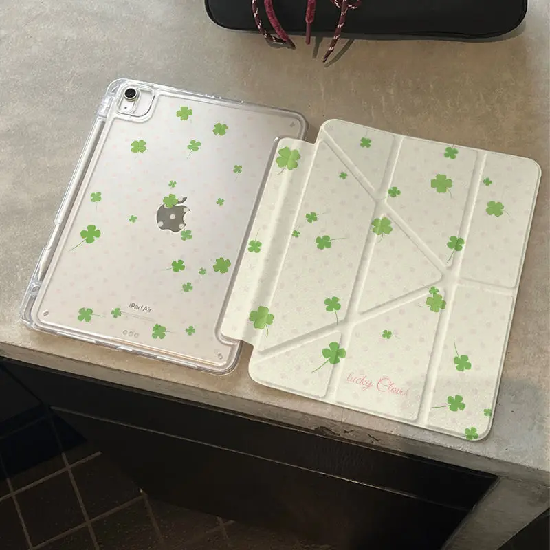 Polka dot four-leaf grass Folding Applicable iPad Pro2024 Protective Case Air 7 Transparent 11-inch MINI6 iPad Protective Case