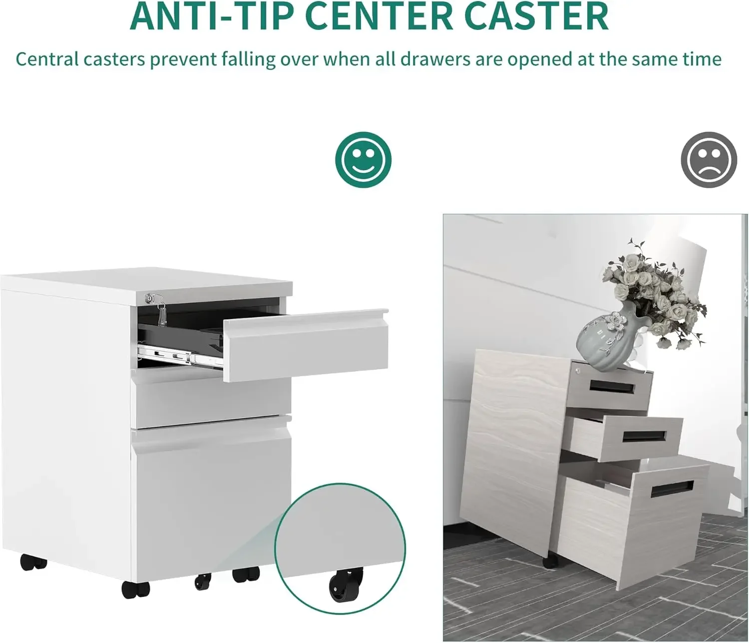 3-Drawer Mobile File Cabinet with Lock, Office Storage Filing Cabinet for Legal/Letter Size, Pre-Assembled Metal File Cabinet