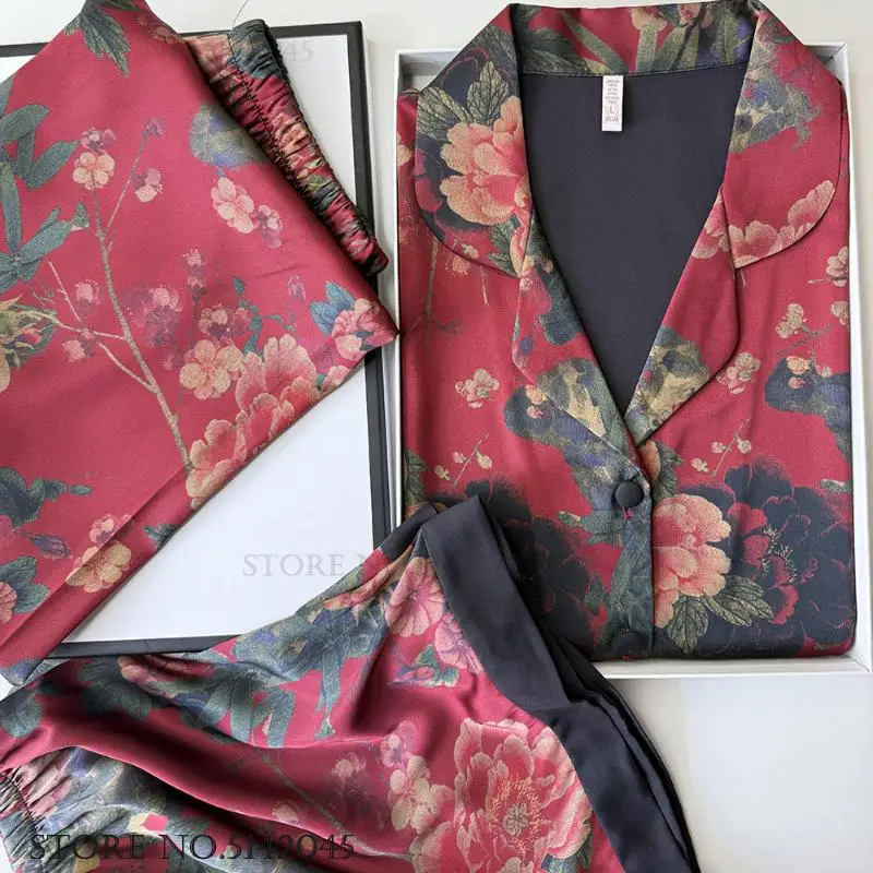 New Chinese Style Female 3PCS Pajamas Set Sleepwear Short Sleeve Shirt Shorts Trouser Suit Print Flower Silk Satin Homewear
