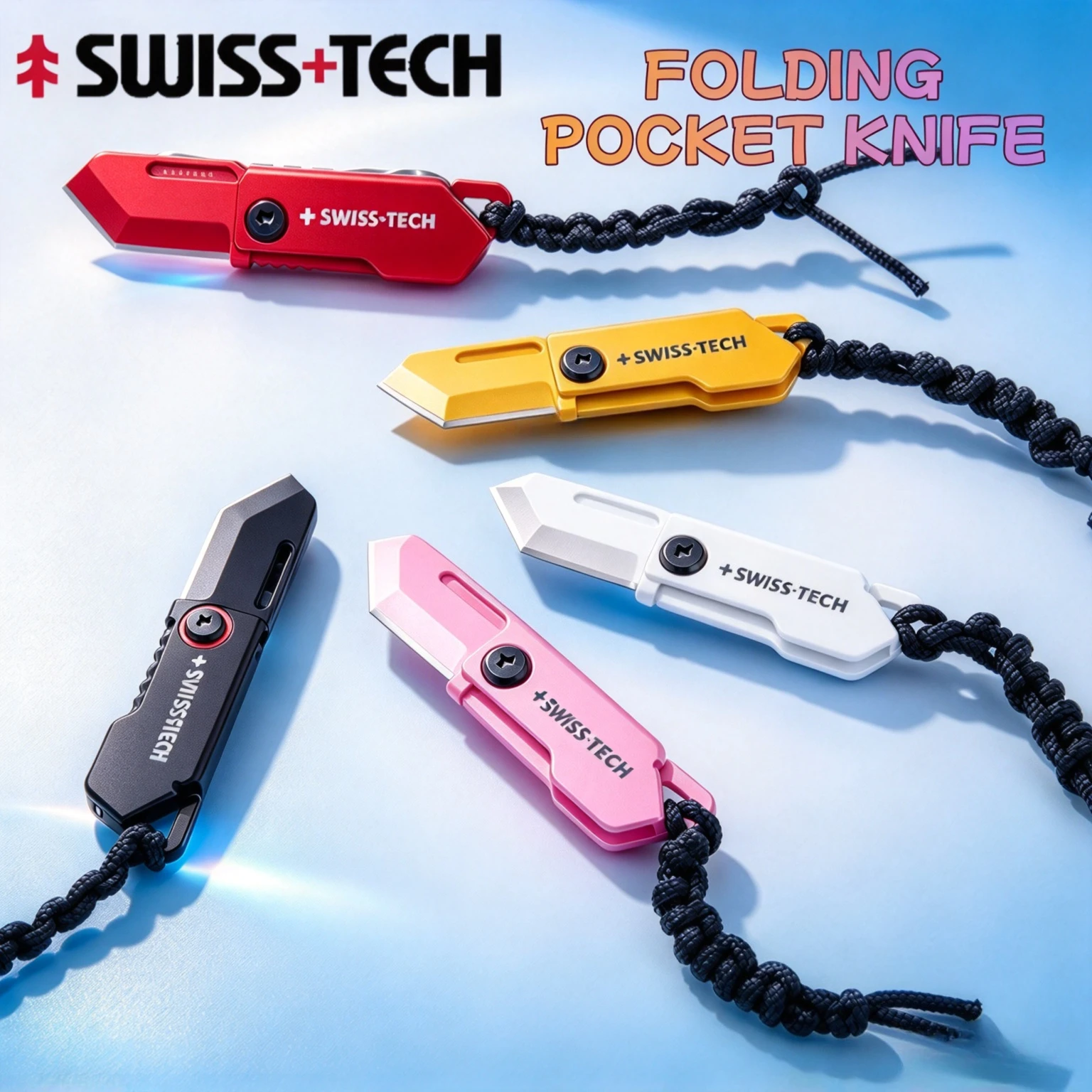 SWISS TECH Mini Pocket Knife Folding Keychain Unpacking Knives Outdoor EDC Knifes Utility Box Cutter with Portable Rope Lanyard