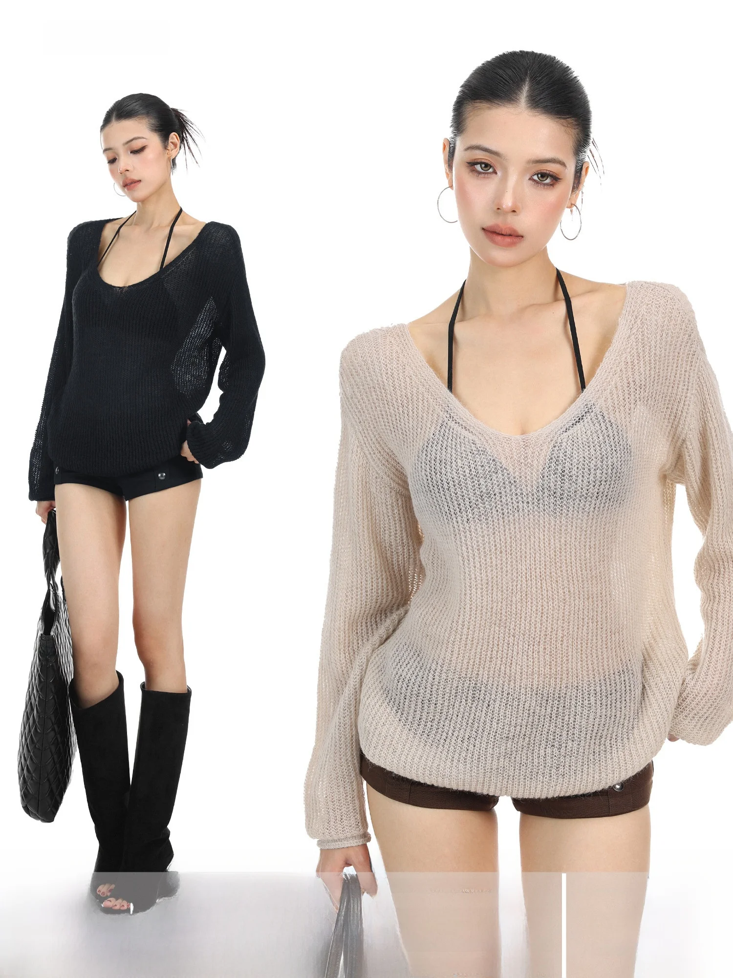 

Sexy Loose Knitted Sweater Women's Design Hollow out Large V-Ne Casual Long Sve Top Breathable Comfortable Y2K Lazy Sle