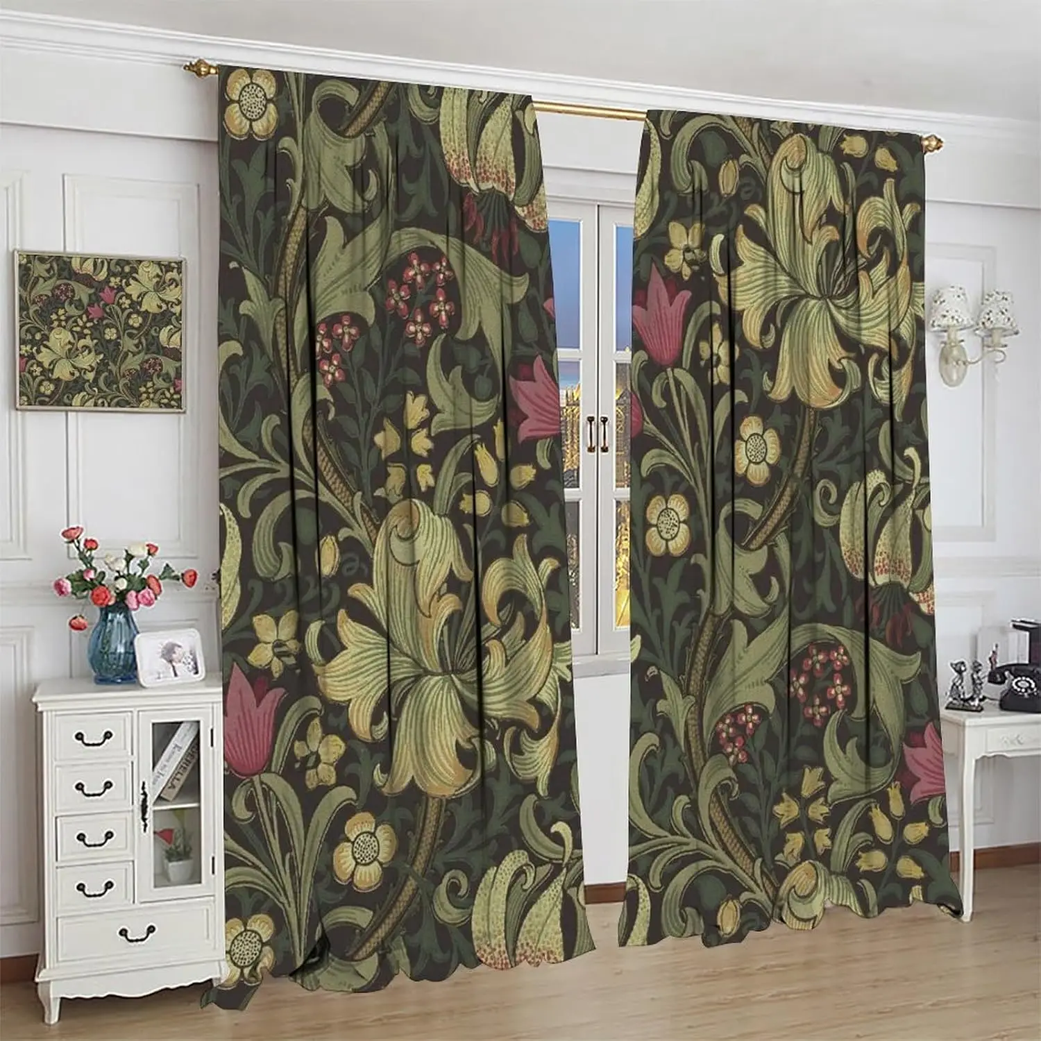 Vintage Flower Blackout Window Curtains, William Morris Style Art Floral Rustic Plant Wildflower Window Drapes, for Living Room