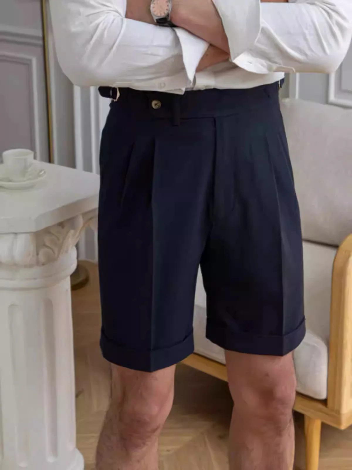 2026 British Style Men Naples Cotton Linen Shorts Paris Waist Buckle Knee Length Trouser Summer High Quality Casual Loose Shorts
