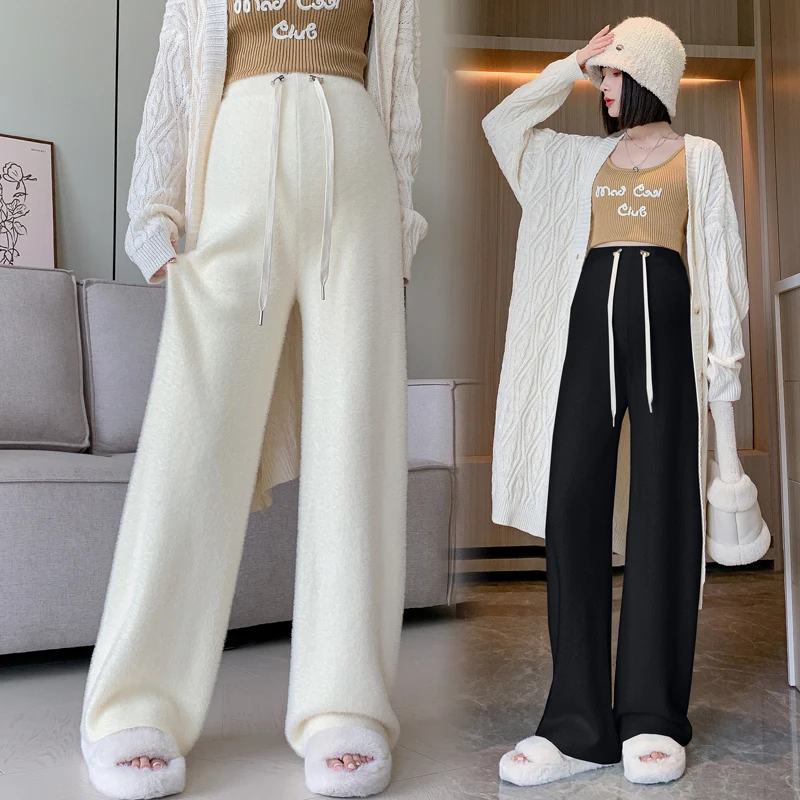 

Pregnant Women's Clothing Autumn and Winter Stylish New Mink Knitted Wide-Leg Pants Casual Loose Fit Slim Floor-Length Trousesrs
