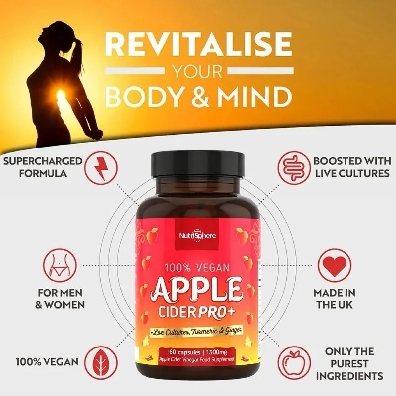 100% Apple Cider Vinegar Supplement 1300mg Containing Active Probiotics, Turmeric, and Ginger -60 Capsules