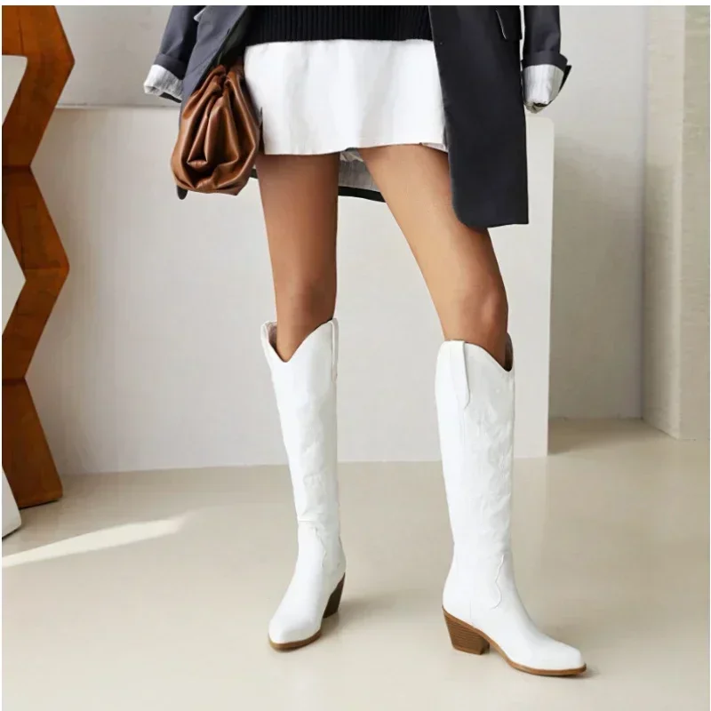 Pointed Toe Knight Boots for Women Brown PU Leather Knee High Boots Woman  Autumn Winter Western Cowboy Long Botas Mujer 2024