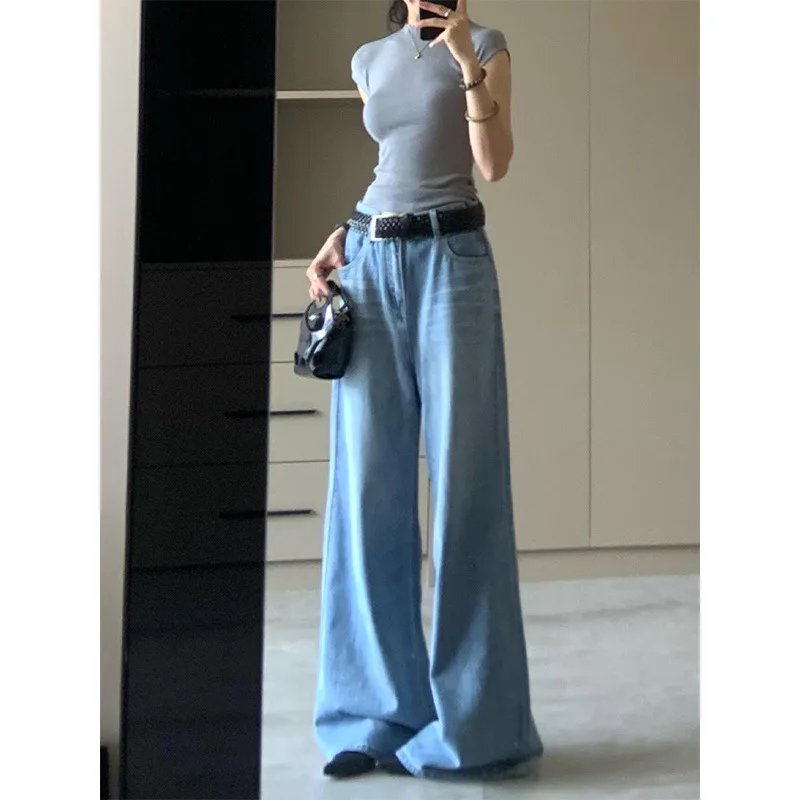 Lengthening Light Blue Wide-leg Jeans Women's Vertical Straight Mop Pants