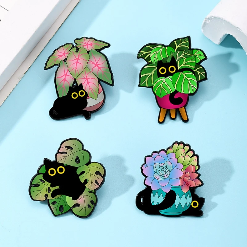 New Green Plant Cat Brooch Metal Cartoon Animal Black Cat Alloy Pin Badge DIY for Clothes Bags Shoes Hat Scarf T-shirt Jeans