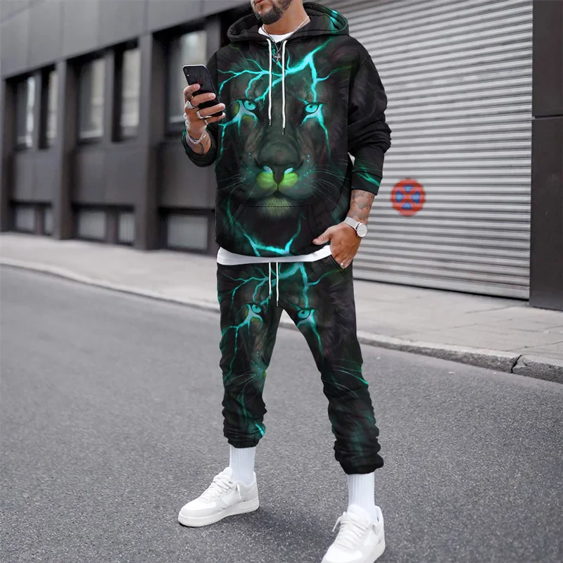 3D Print Lion Oversized Sportswear Tracksuit Pullover Hoodies Long-Sleeve Sweatshirt Sweatpants Sets Man Winter Men's Clothing