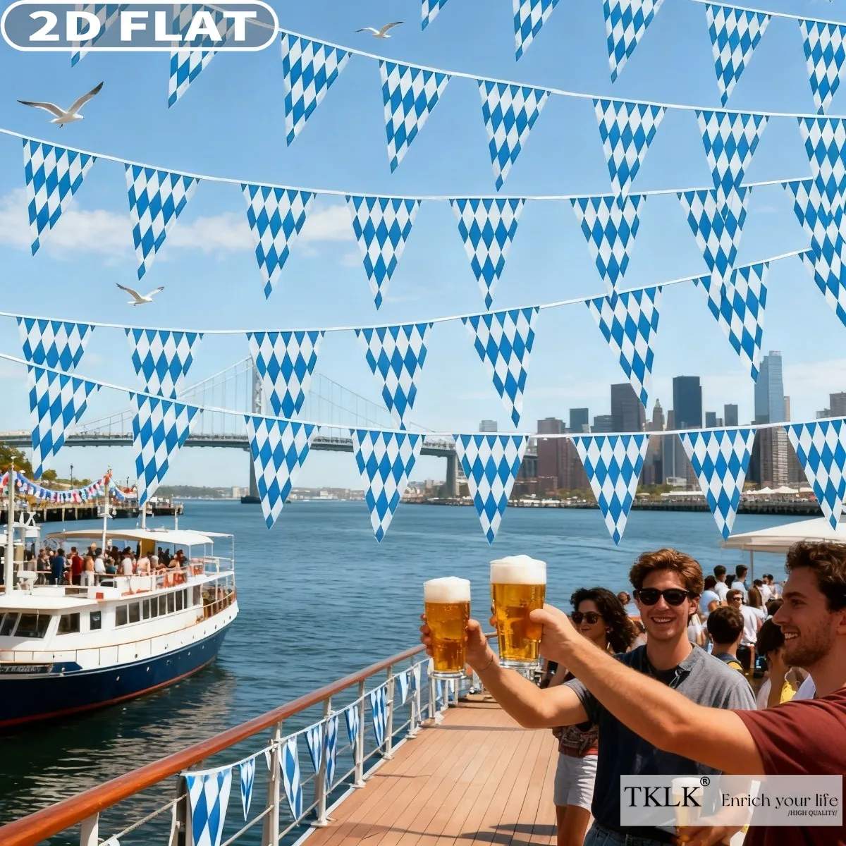 14 قطعة من المعلقات وديكور معلق لمهرجان أكتوبر، 7.8 × 11.8 بوصة - أعلام بافاري من البوليستر السماوي قابلة لإعادة الاستخدام وقابلة للغسل