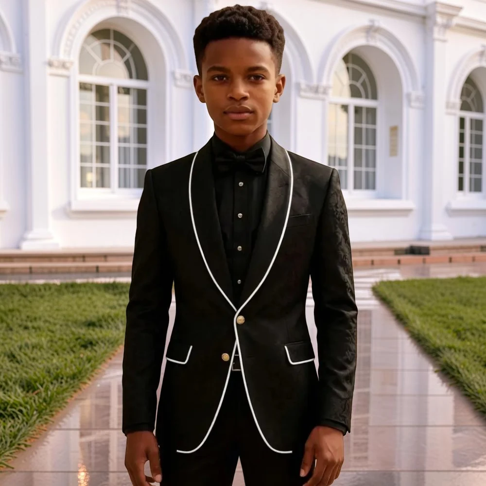 Boy Suits Black Floral Slim Fit 2 Pieces Wedding Tuxedo with Mix Match Piping Trim Shawl Lapel Groom Child Dinner Wear 2026
