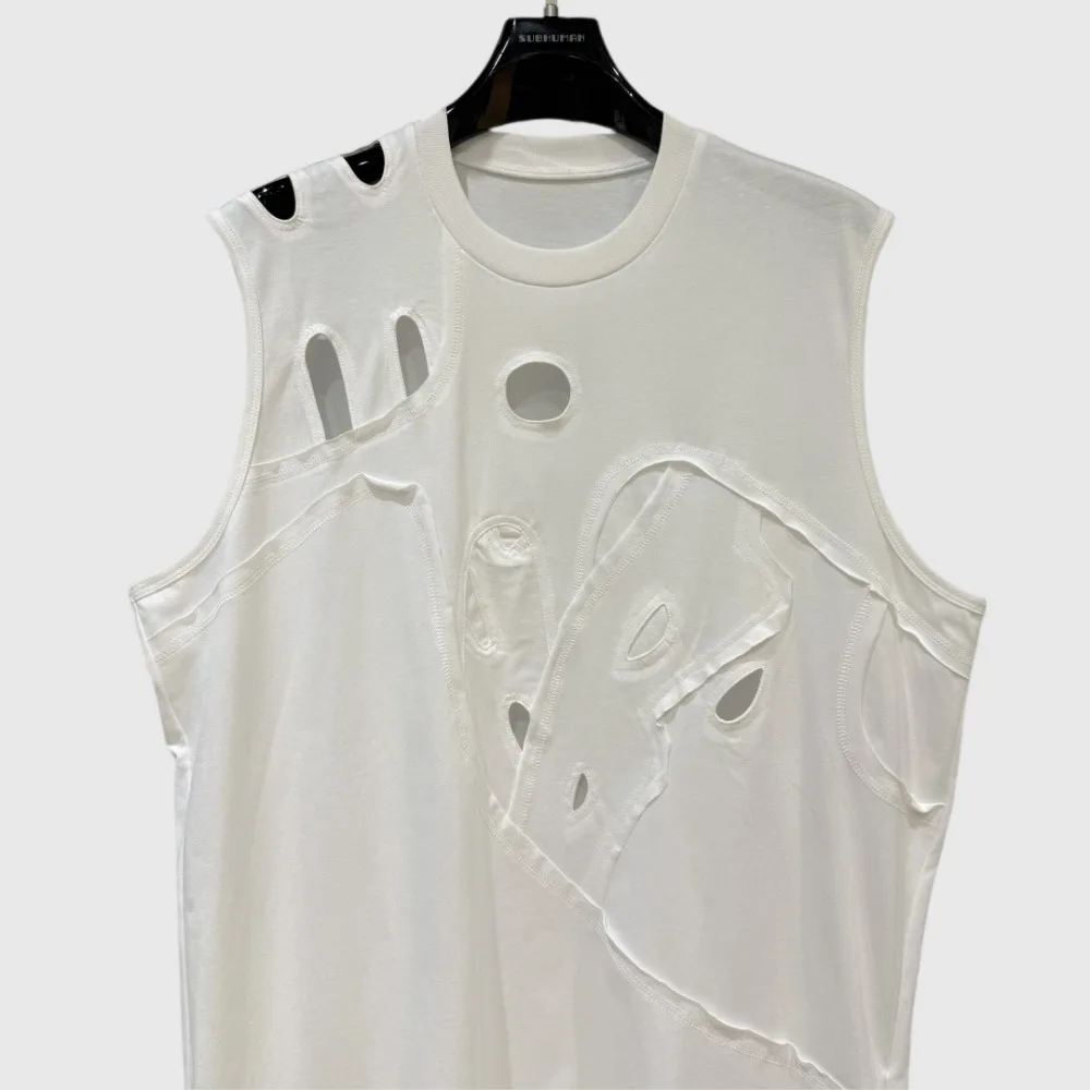 High Street Cotton Rick Ro Tees Tanks Men's New Artistic Perforated Patchwork Short Sleeved Loose Fit Tank Top Oversized T Shirt