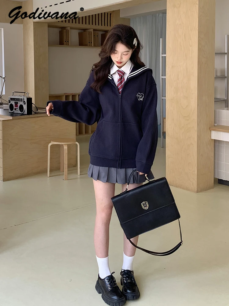 Preppy Style fille étudiant col marin à manches longues brodé lâche fermeture éclair Cardigan veste femmes printemps et automne manteau à capuche