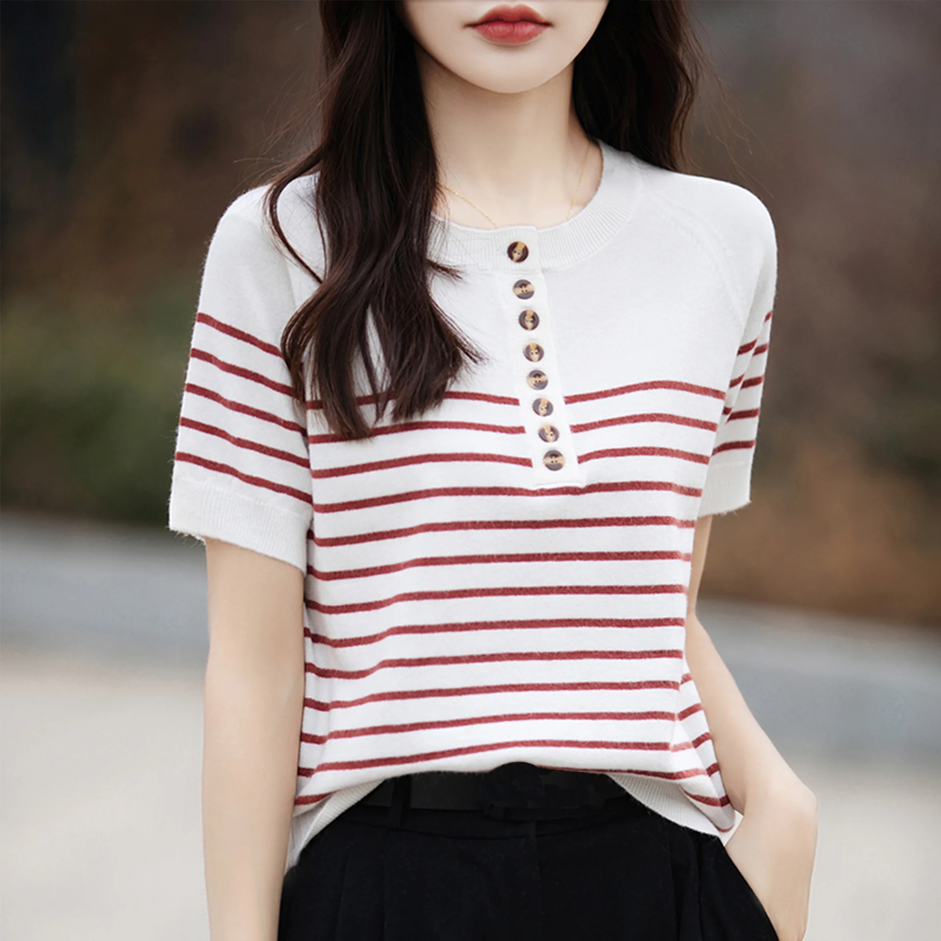 O-Neck Stripe Knitted Sweater Shirt For Women Summer Short Sleeve Thin Casual Pullover T- Shirt Korea Fashion Knit Tops Girl