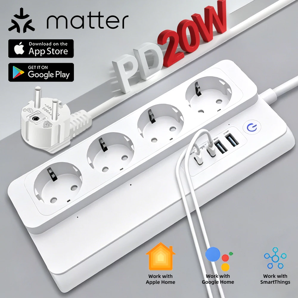 Умная сетевая розетка с разъемами EU/UK, быстрая зарядка PD20W, защита от перегрузки, голосовое управление Siri и Google, таймер, USB-порт