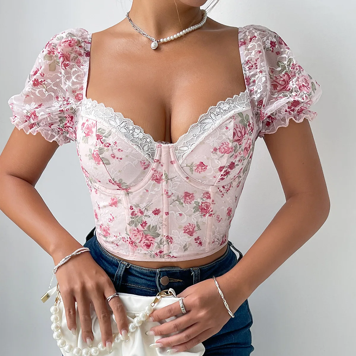 

Summer Flower Print Bubble Sleeve Corset Tops for Women Sleeveless Vest Halter Tank Top Fashion Slim Sexy Lace Camisole Lingerie