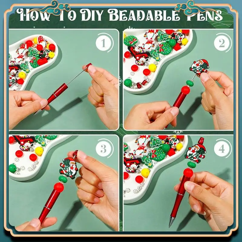 (신규)-크리스마스 구슬 펜, 크리스마스 학교 사무용품을 위한 12개 산타 모양 실리콘 스페이서가 있는 구슬 펜